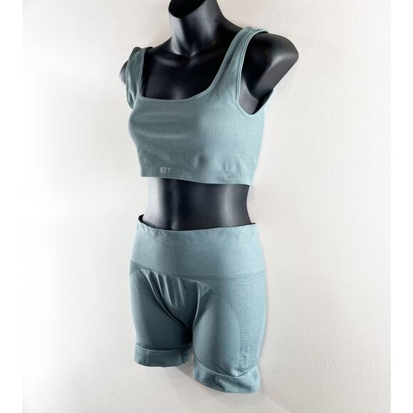 SET Active Sculptflex Power Ribbed Sports Bra Bike Short Set Muted Blue Large - Picture 4 of 8
